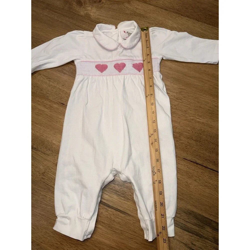 Eliza James Baby Girl 9M Smocked Romper Pink Hearts Long Sleeve Peter Pan Collar